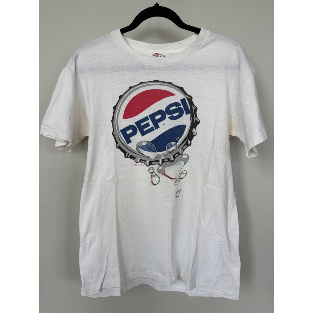 Vintage Pepsi T Shirt Mens Medium White Graphic Bottle Cap Made in USA 90s Retro